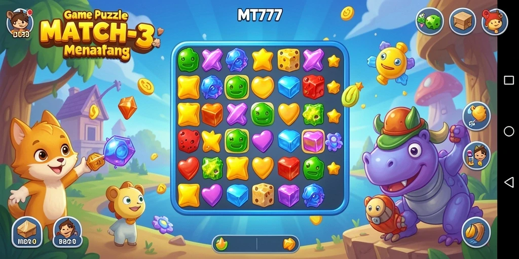 Screenshot gameplay Match-3 yang menarik dan penuh warna.
